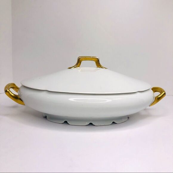 Vintage PSL Imperial Austria Porcelain Soup Tureen With Lid – Gold Trim, Oval Se - Picture 4 of 10